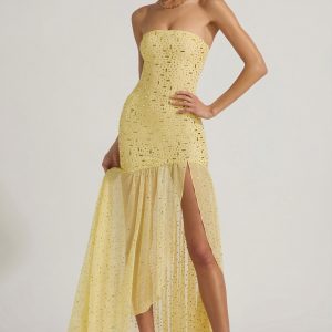 Semi-Sheer Embellished Asymmetric Maxi Dress in Yellow