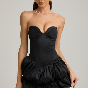 Satin Bubble Hem Corset Mini Dress in Black