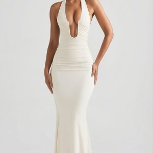 Ruched Backless Halterneck Gown in Ivory