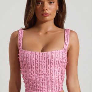 Embellished Square-Neck Crop Top in Pink