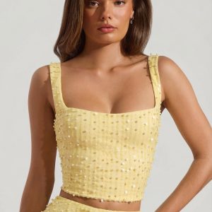 Embellished Square-Neck Crop Top in Yellow