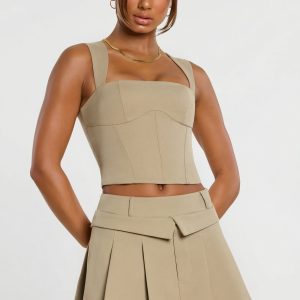 Brushed Twill Mid Rise Pleated Micro Mini Skirt in Taupe