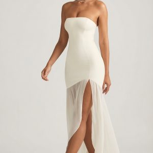 Asymmetric Strapless Fishtail Maxi Dress in Ivory