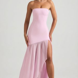 Asymmetric Strapless Fishtail Maxi Dress in Soft Pink