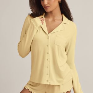 Modal Long-Sleeve Pyjama Top in Pastel Yellow