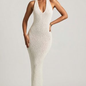 Boucl?? Halterneck Maxi Dress in White