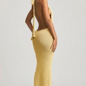 Bouclé Halterneck Maxi Dress in Yellow