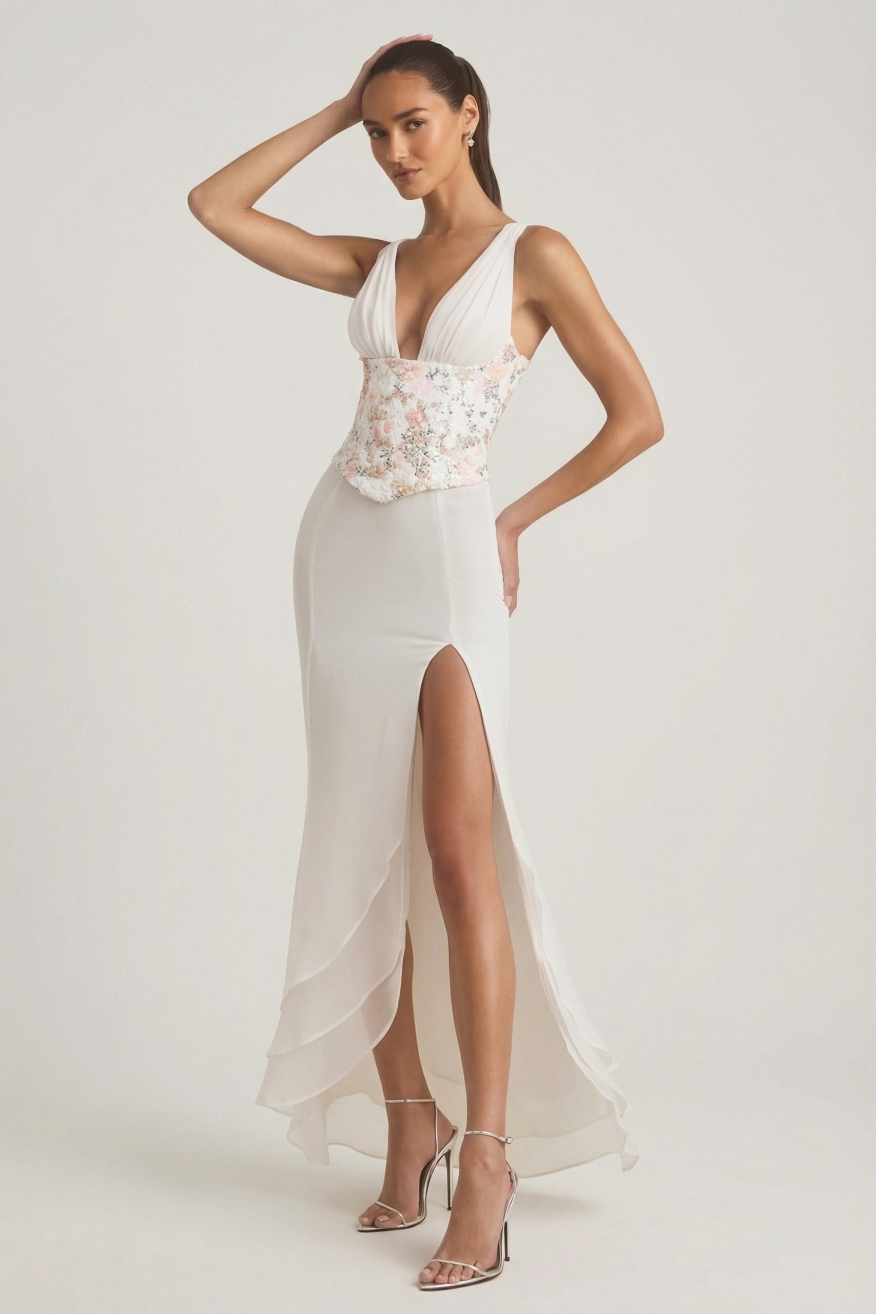 Embellished Plunge Ruffled Corset Maxi Dress in Ivory - Image 5