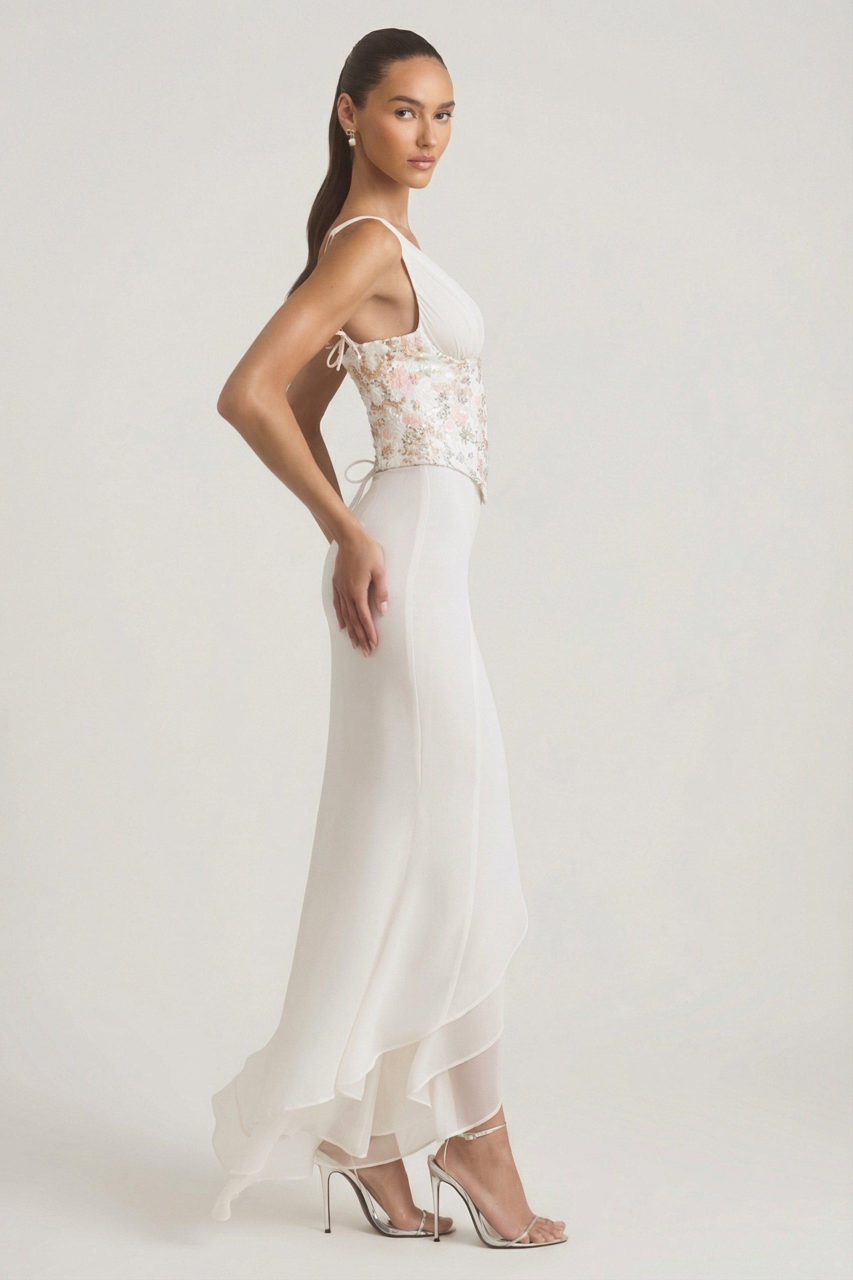 Embellished Plunge Ruffled Corset Maxi Dress in Ivory - Image 4