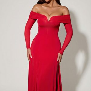 Off-Shoulder Lace-Up A-Line Midaxi Dress in Red