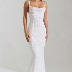 Embellished Cowl-Neck Backless Maxi Dress in White