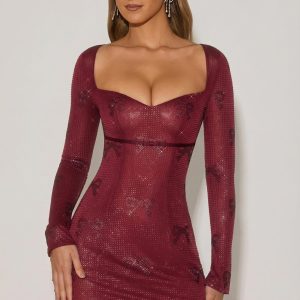 Embellished Sweetheart A-Line Mini Dress in Wine Red