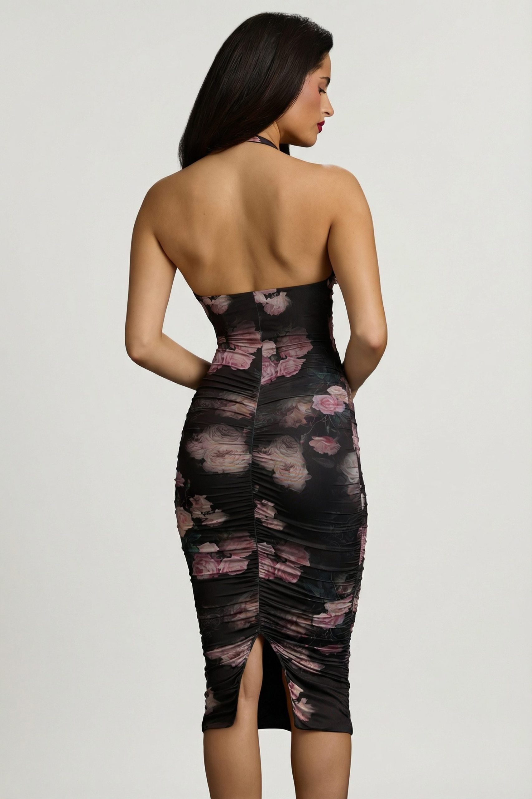 Ruched Plunge Halterneck Midi Dress in Black Floral Print - Image 2