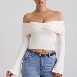 Modal-Cashmere Blend Off-Shoulder Ruched Top in Ivory