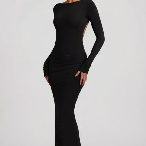 Modal Ruched Backless Maxi Dress in Black