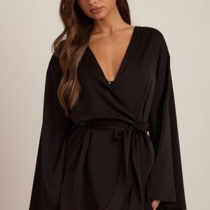Embellished Loose-Fit Wrap-Over Robe in Black