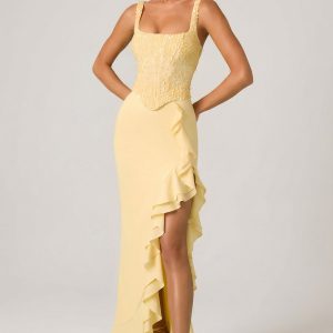 Embellished Ruffle-Trim Corset Gown in Yellow
