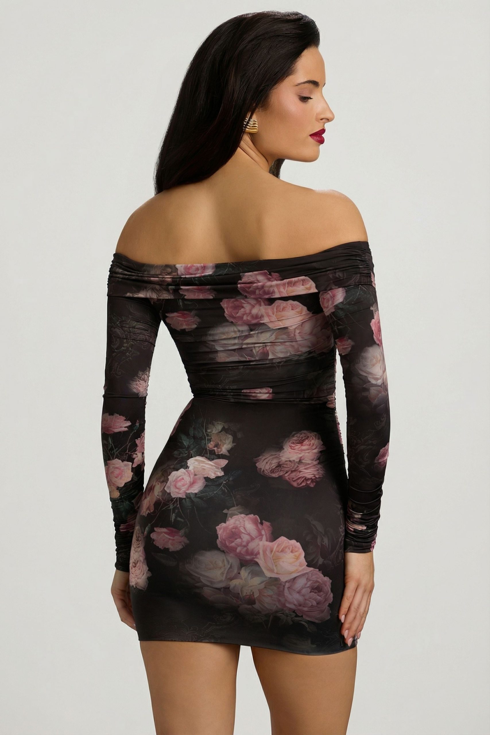 Off-Shoulder Ruched Bodycon Mini Dress in Black Floral Print - Image 10