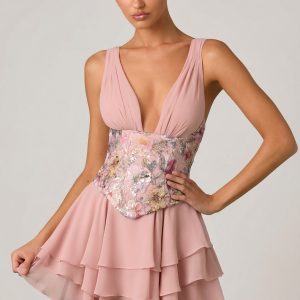 Embellished Ruffled Corset Mini Dress in Floral Pink