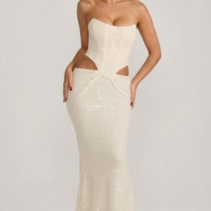Embellished Cut-Out Draped Corset Gown in White