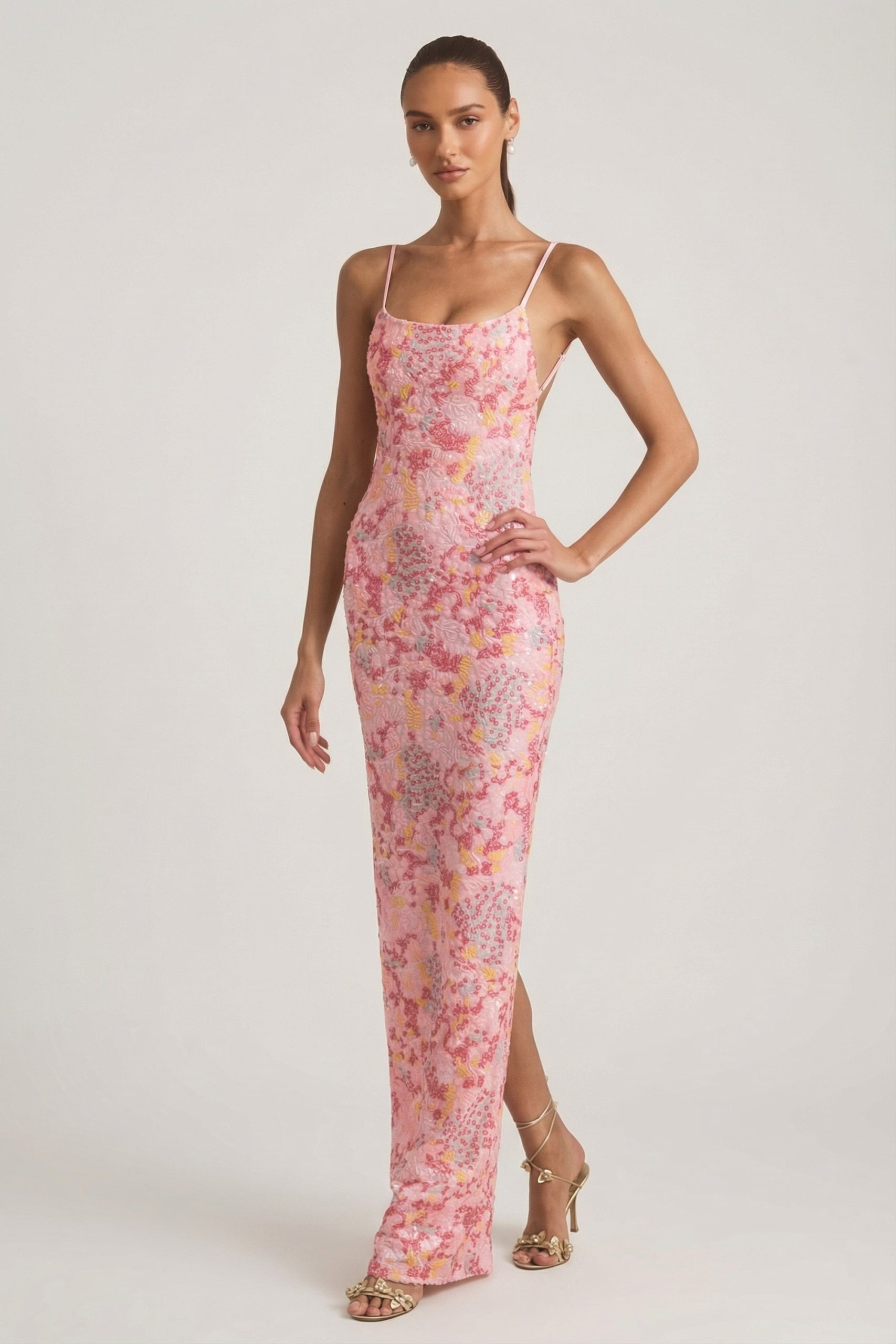 Embellished Scoop-Neck Backless Maxi Dress in Pink - Image 4