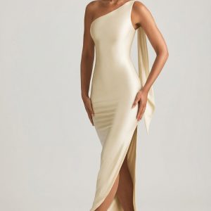 Asymmetric Scarf-Detail Maxi Dress in Ivory