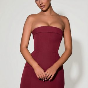 Foldover-Neck Strapless Structured A-Line Mini Dress in Wine Red