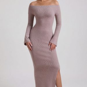 Ribbed-Knit Off-Shoulder Maxi Dress in Taupe