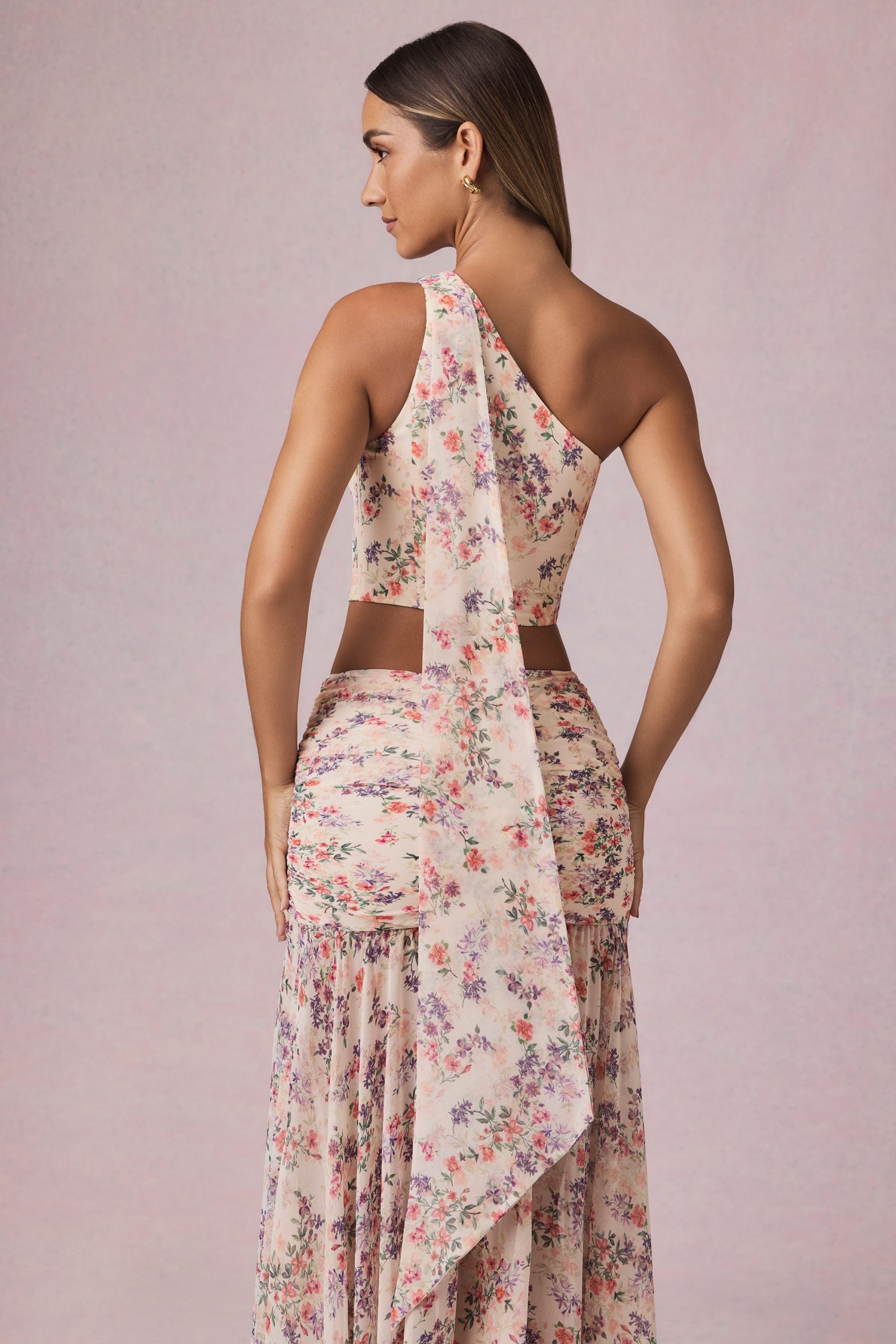 Scarf-Detail One-Shoulder Top in Primrose Floral Print - Image 2