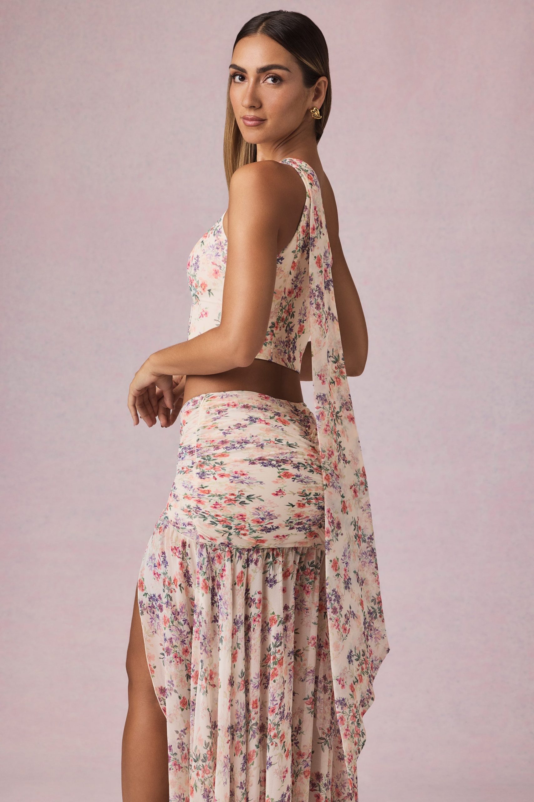 Scarf-Detail One-Shoulder Top in Primrose Floral Print - Image 5