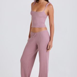 Ribbed Knit Wide-Leg Joggers in Mauve