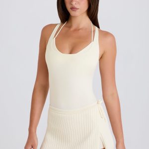 Ribbed Knit Tie Wrapover Skort in Cream