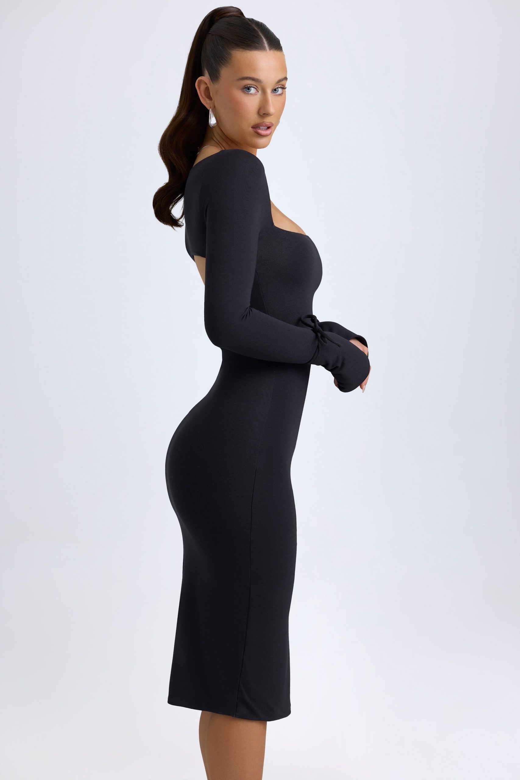 Modal Square-Neck Long-Sleeve Midi Dress in Black - Image 9