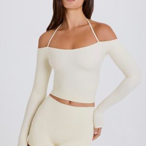 Soft Jersey Off-Shoulder Halterneck Longline Top in Cream