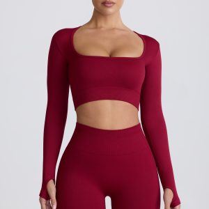 Super Sculpt Seamless Long-Sleeve Crop Top in Burgundy