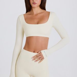 Four-Way Stretch Multiway Long-Sleeve Crop Top in Cream