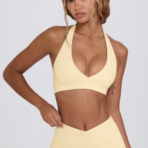 Brushed Jersey V-Neck Sports Bra in Lemon Marl