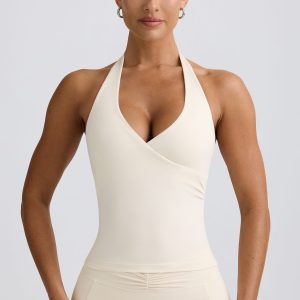 Halterneck Open-Back Tank Top in Ivory Marl
